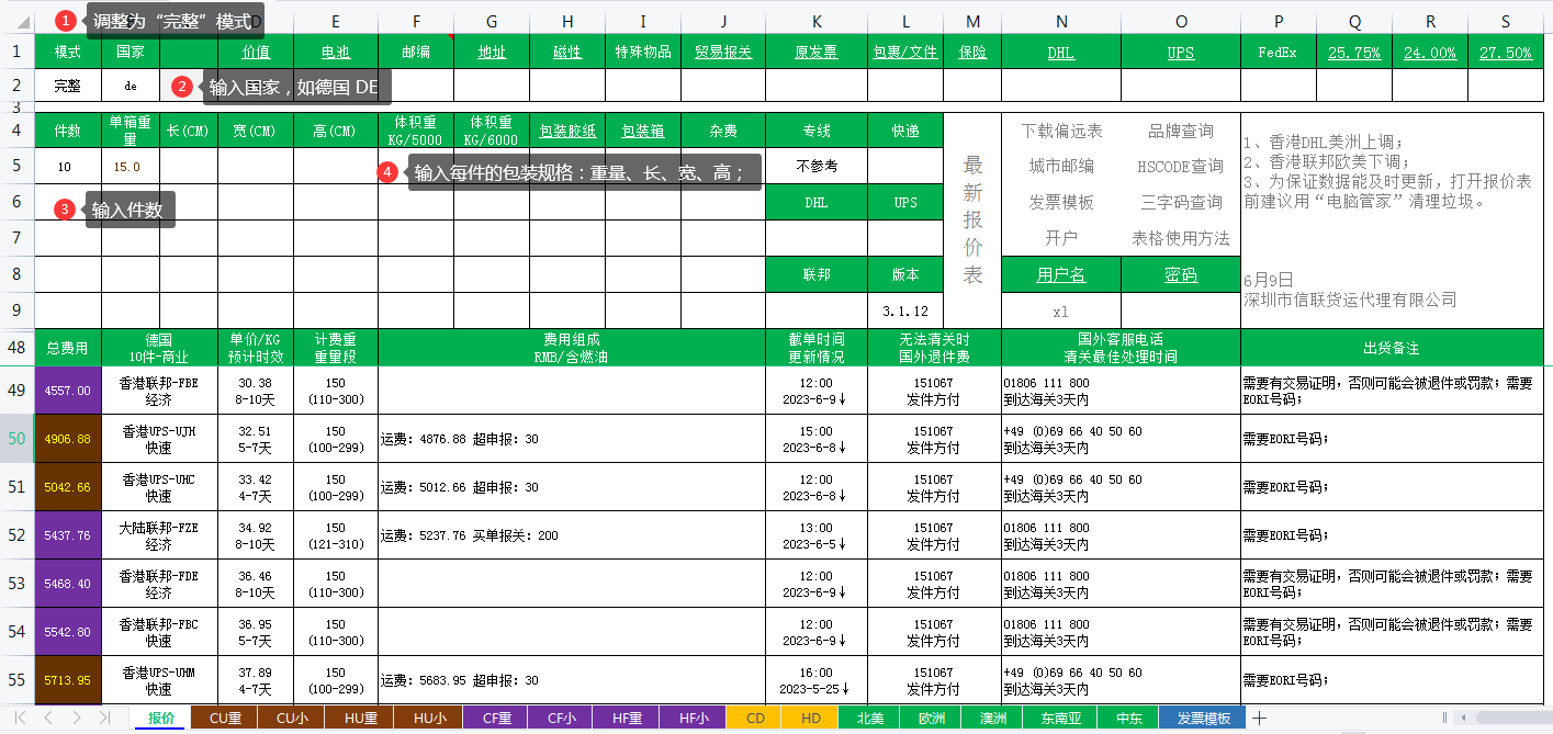 完整版国际快递报价表